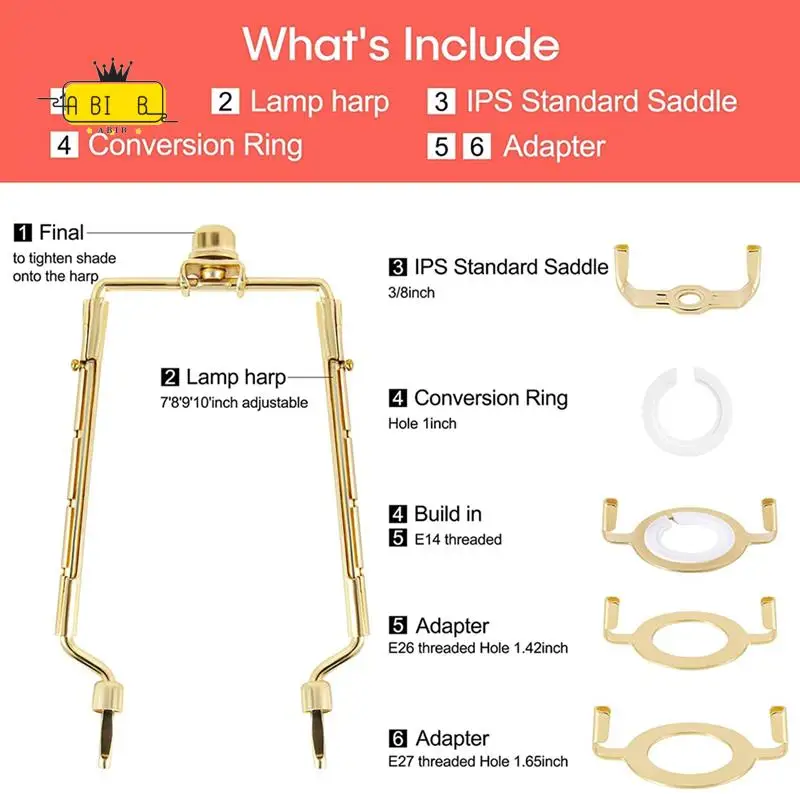 

ABIB -2Piece Lamp Shade Harp Holder 7Inch E14,E26,E27 Light Base Adapter Gold Horn Frame Lampshade Bracket