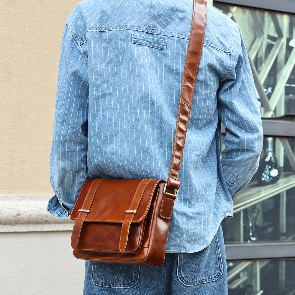 Bolso cruzado de piel de vaca para hombre bandolera Vintage de cuero genuino gran capacidad novedad