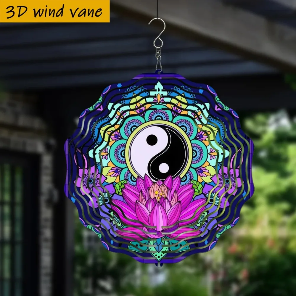 CIFBUY 3D Double Sided Yin Yang Lotus Mandala Metal Wind Spinner 25cm Garden Hanging Ornament Outdoor Yard Decor Art