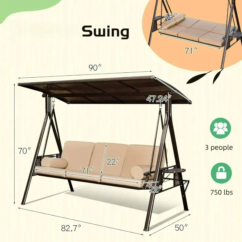 71in Outdoor Porch Swing 3 Seat Patio Swing Bench with 2 Side Cup Holder, Convertible Backrest Swing Bed with Cushion