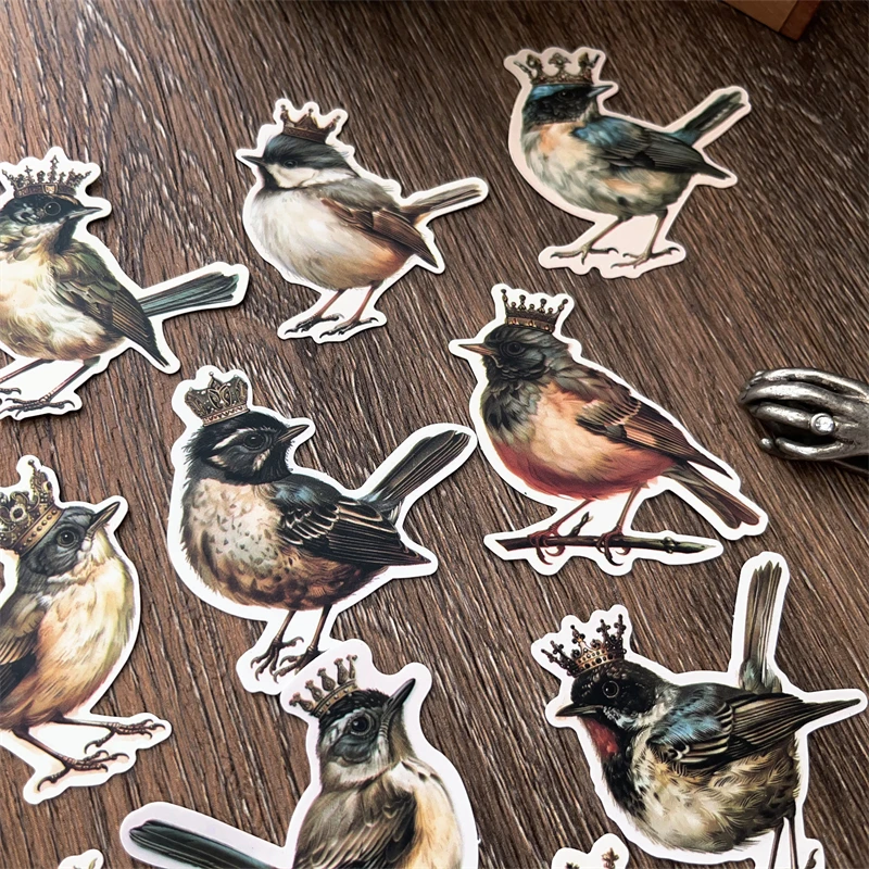 14PCS Retro Crown Bird Stickers DIY Scrapbooking Junk Journal Base Collage Diary Album Gift Decoration