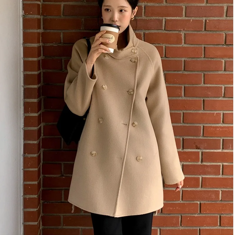 

Faionable Woolen Coat Women's Chic Autumn Winter Vintage Simple Sle Personali Belted Collar Coat Long Sve Outerwear