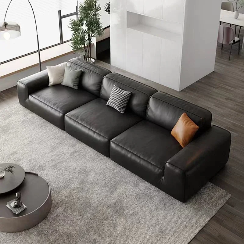 Modern Customized Living Room Furniture Black Genuine Leather 3 Seat Large Sectional Sofa Couch