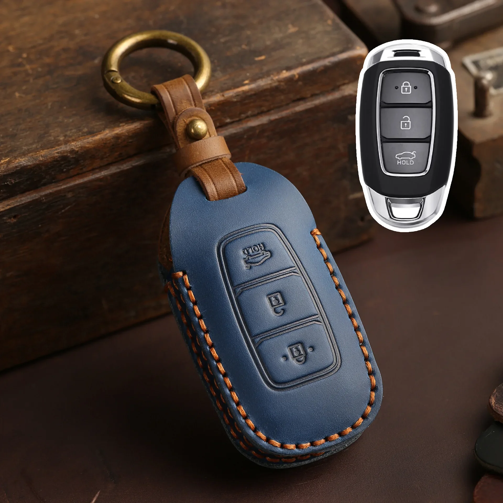 

1pc Leather Car Key Case Cover Fob For Hyundai Santa I30 IX35 Encino KONA Solaris Azera Grandeur Elantra Accent Fe 2022