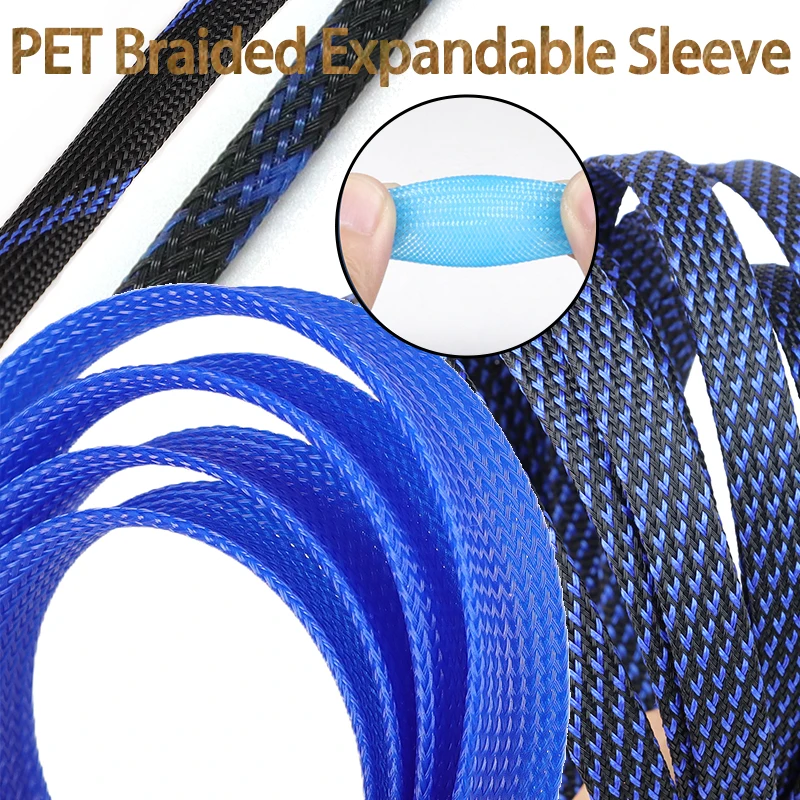 5 Meters Flexible PET Braided Cable Sleeve 2mm - 20mm Blue Nylon High Density Expandable Insulated Wire Protection Wrap Sheath