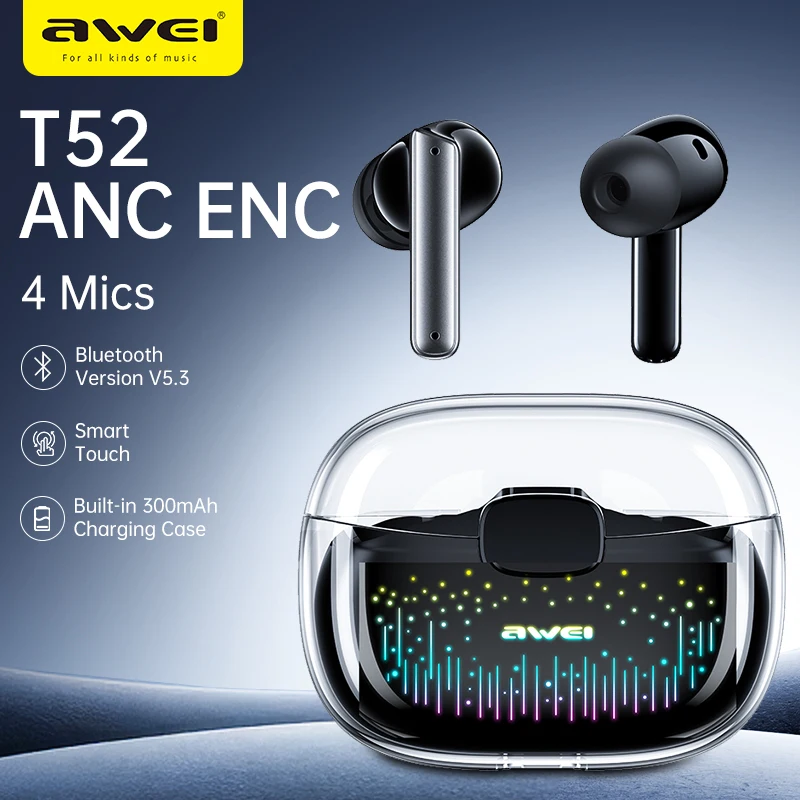 

Awei T52 Wireless Headphones With RGB lights 5.1 Noise Cancelling Sports Headset Gamer Hifi Surround Bluetooth Earphones Earbuds