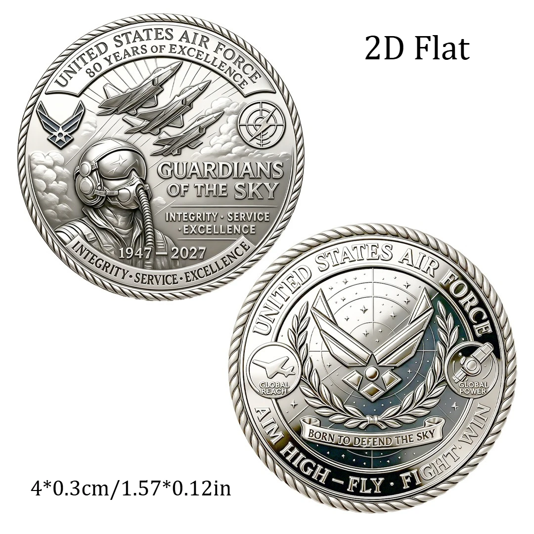 2D UV Air Force 80th Anniversary Souvenir Coin The Sky Pilot Fighter Jet Silvry Plated Commemorative Coin Home Decoration view 3