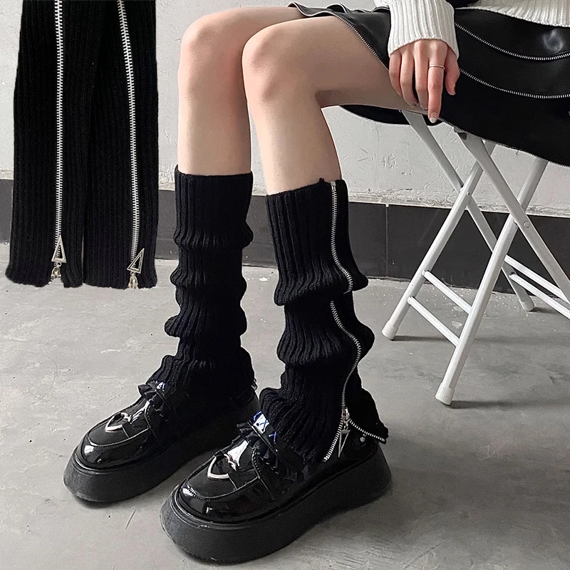 

apanese Jk Leg Warmers Boots Socks Zipper Thigh Punk Leg Warmers Winter Boot Cuffs Warmer Lolita Knit Socks Tube Knit Socks