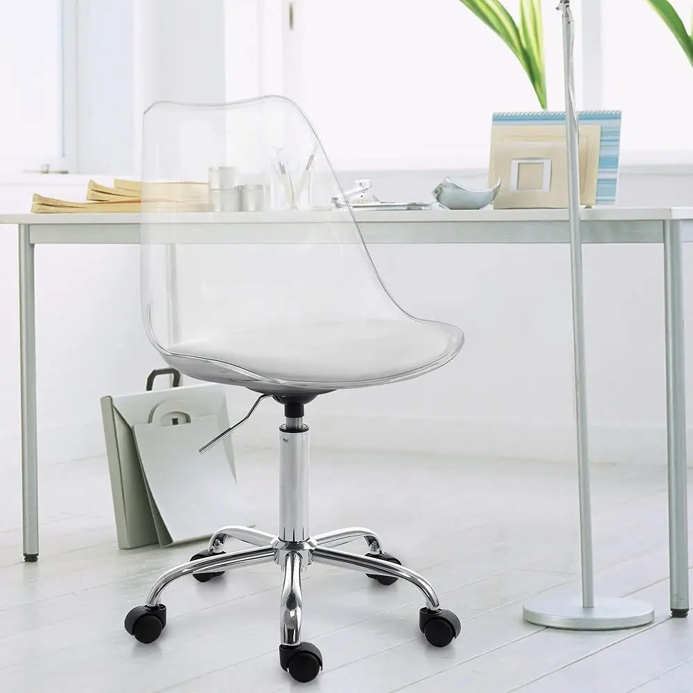 Clear Desk Chair With Cushion, Arml Acrylic Rolling Chair Height Adjustable Ghost Swivel Molded Plastic And Wheels, Clear