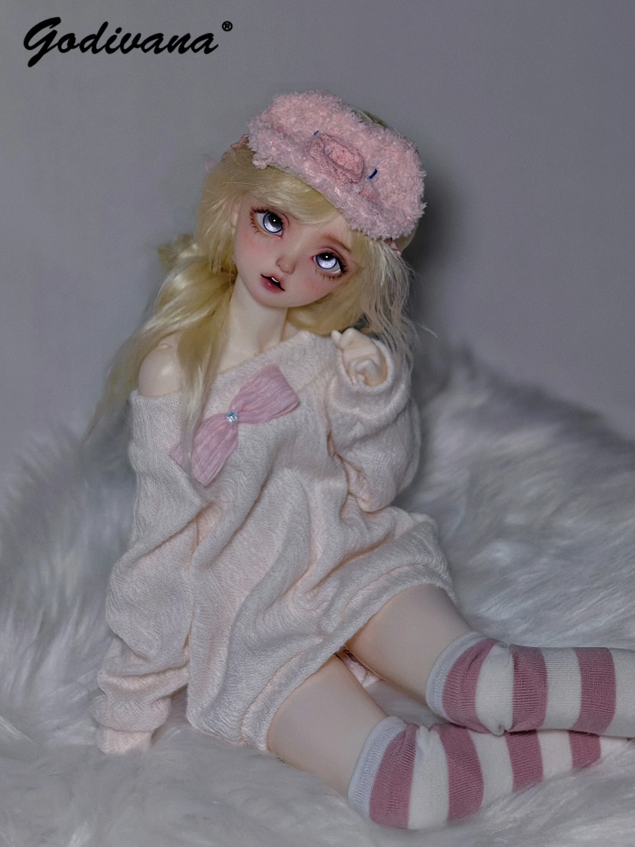 1/4 BJD Doll Clothes Set Soft Casual Off Shoulder Loose Knitted Top Pink Plush Pig Eye Mask Striped Socks for 1/4 BJD Doll