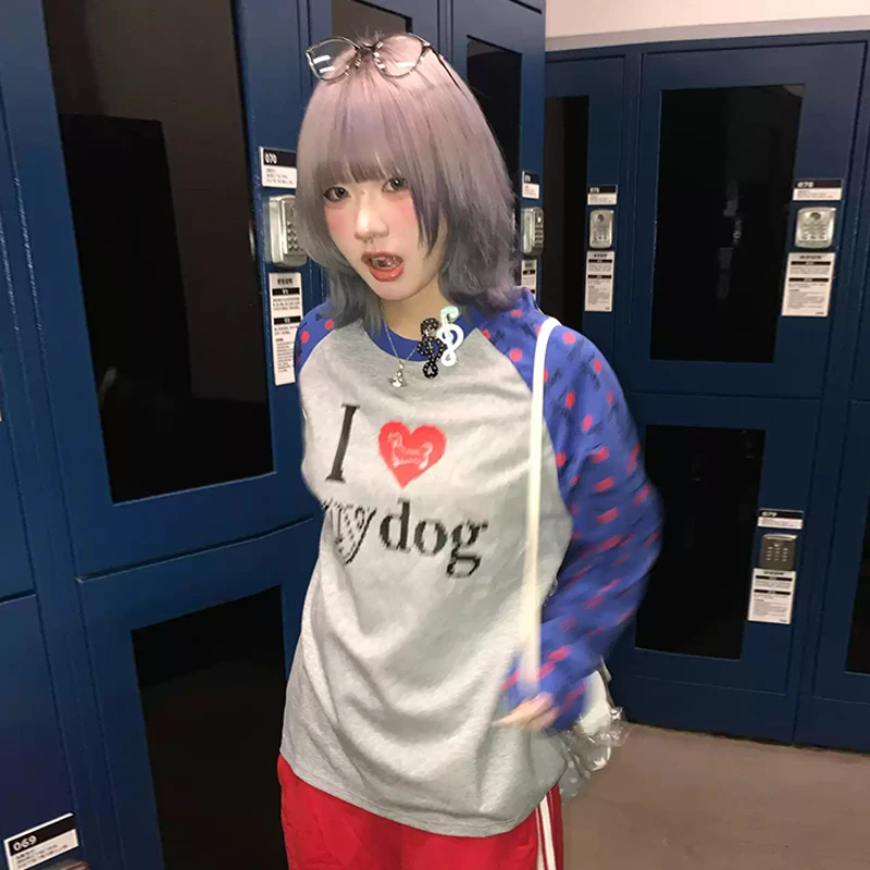 Tonngirls Harajuku Print T-shirt Vrouwen Patchwork Losse Casual Tee Tops Y2k Japanse Vintage Grunge Tops Amerikaanse Retro Herfst