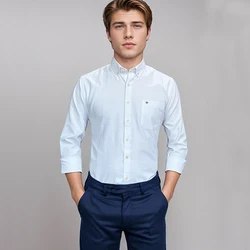 Men's 100% Cotton Shirt Long Sleeve Plaid Oxford Casual Solid Color striped Regular Fit Formal Dress Shirt Oversized 7XL 6XL 5XL