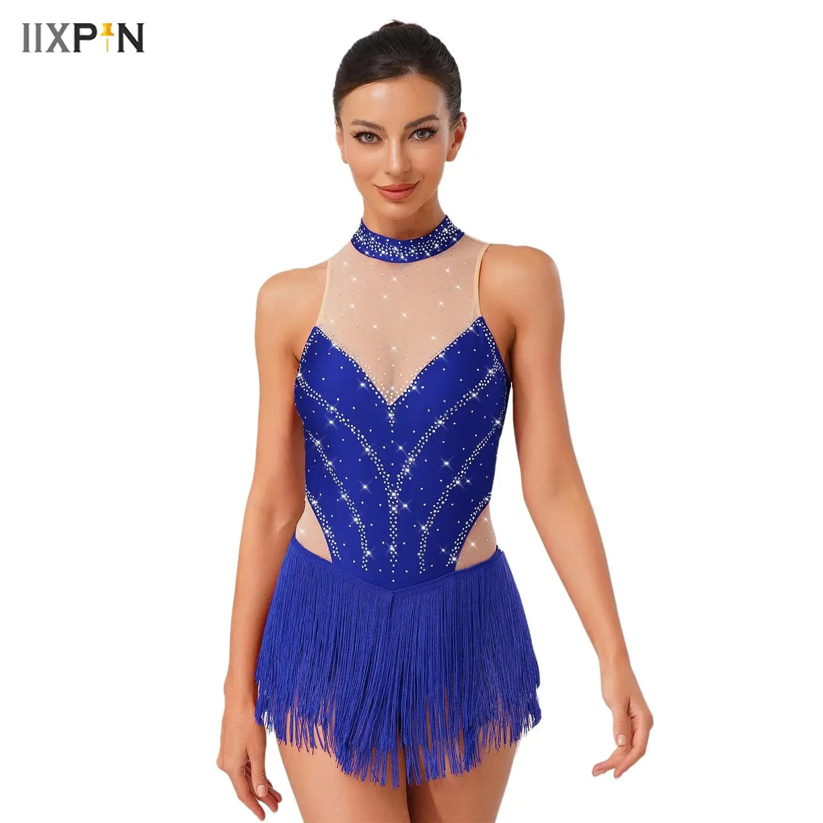 

Womens Latin Figure Skating Leotard Sleeveless Back Keyhole Tassel Fringe Skirted Bodysuit Tango Chacha Dancewear Active Wear