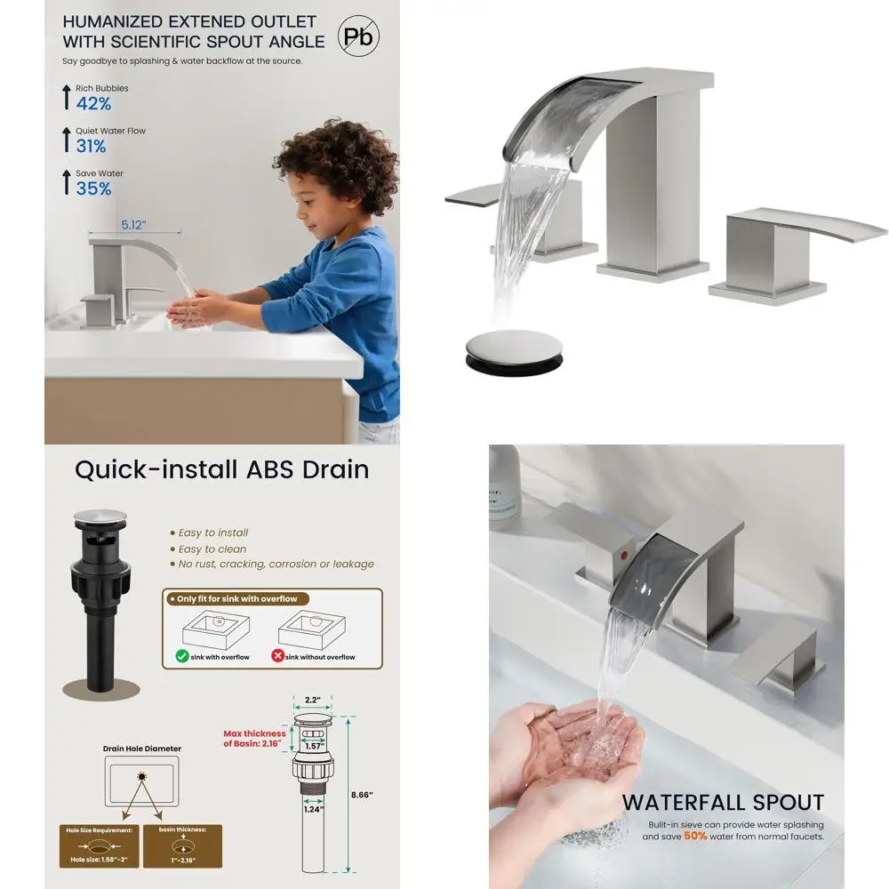 

8 Inch Widespread Brushed Nickel Bathroom Sink Faucet Set with 3 Holes, 2 Handles, and Pop-Up Drain