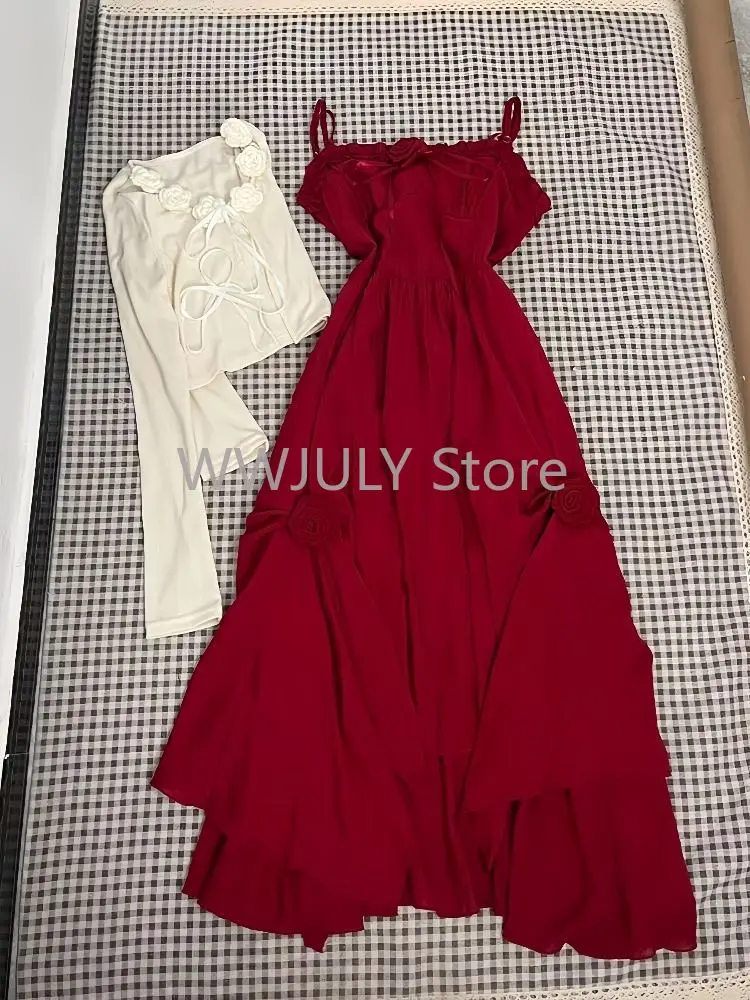 Elegant Holiady Dress Set Woman Casual Y2k Crop Tops + Red Sexy Sleeveless Midi Dress Vacation Style Korean Fashion 2 Piece Set