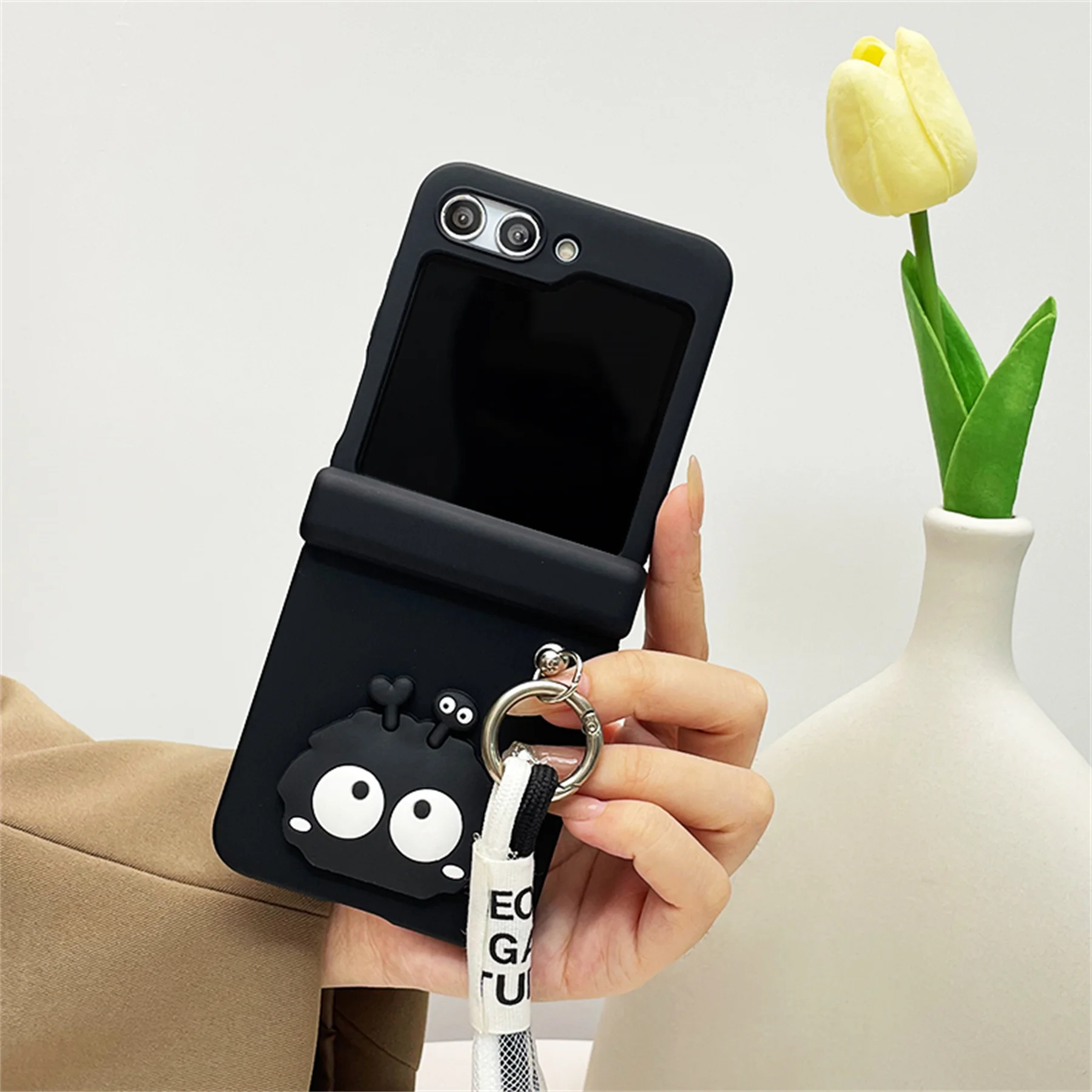 Korean cute Coal ball Case with Portable Bracelet for Samsung Galaxy Z Flip 3 4 5 6 Flip4 ZFlip5 Flip6 Shockproof Cover