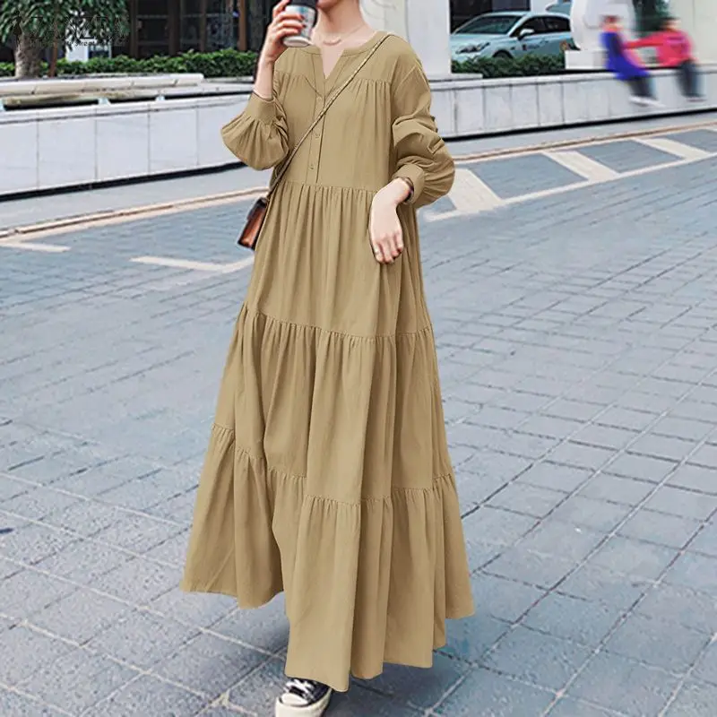 ZANZEA Vestido de Moda para Mujer con Cuello en V y Manga Larga, Primavera 2026, Vestido de Sol Elegante para Vacaciones, Túnica Sólida de Línea A, Vestido de Trabajo Holgado Oversize