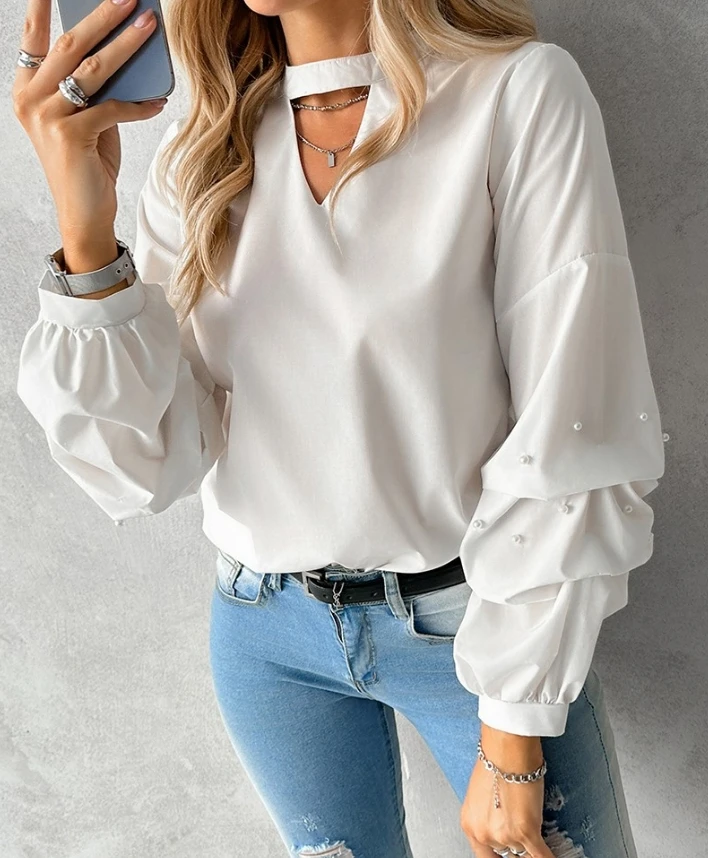 2024 blouse for Women Vintage Long Sleeve Satin Blouse Keyhole Neck Beaded Ruched Top Female Loose Tops Office Ladies