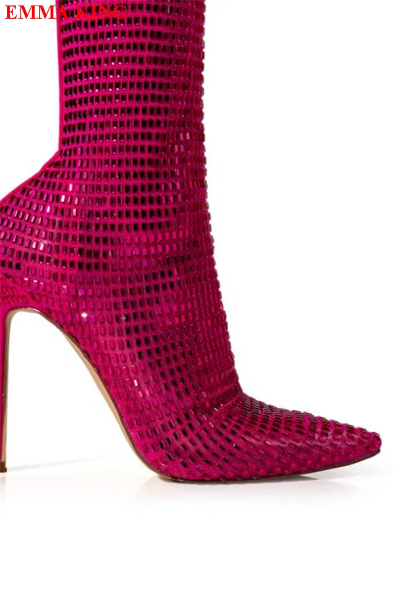 أزياء النساء حجر الراين حذاء برقبة للركبة الفاخرة مصمم أشار تو أحذية الحفلات الشتاء الخريف عالية الكعب أحذية بوتاس دي Mujer