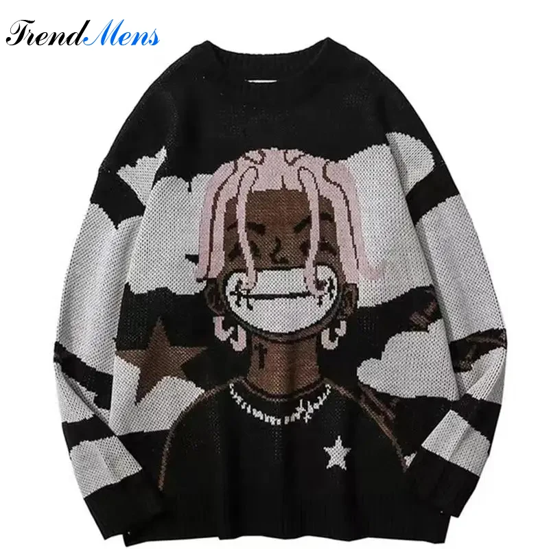 

2022 Harajuku Vintage Cartoon Anime Knitted Sweater Men Winter Oversized Men's Hip Hop Rap Pullover Women Jumper Ugly Sweater