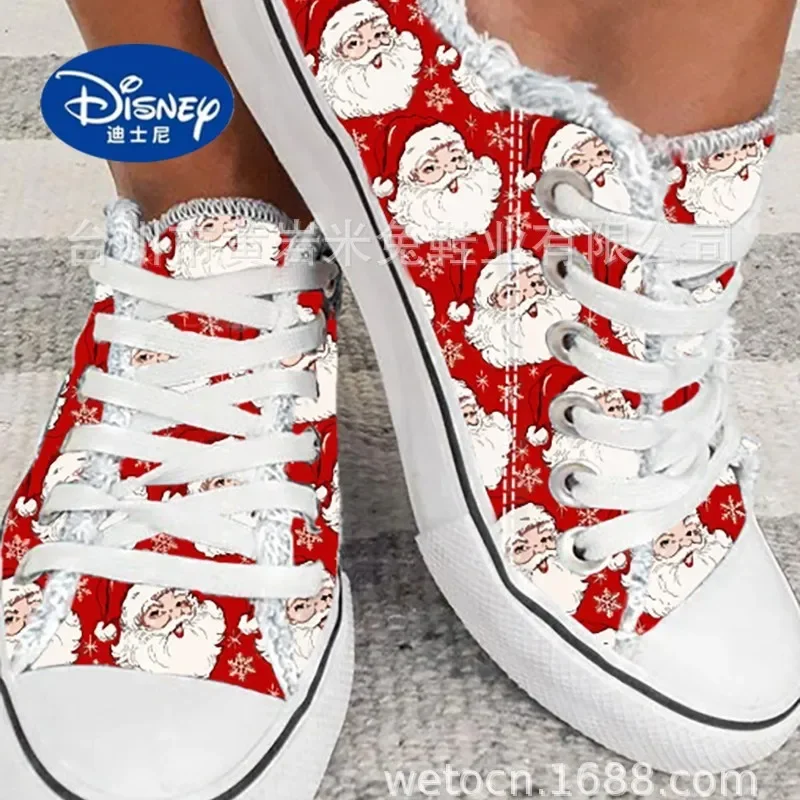 

2025 г. Женские холщовые слипоны Санта-Клауса Disney | Туфли на плоской подошве с рождественской тематикой и принтом, удобные повседневные лоферы