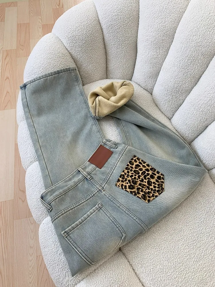 Fashion Leopard Print Pocket Design Thicken Jeans 2025 Autumn Winter Women's High Waist Straight Pants Trend Lady Denim Trousers