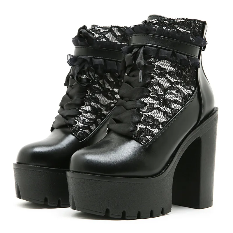 2026 Fashion Gothic Lace Patchwork High Heel Ankle Boots for Women Vintage European Style Zipper Closure Chunky Platform Boots