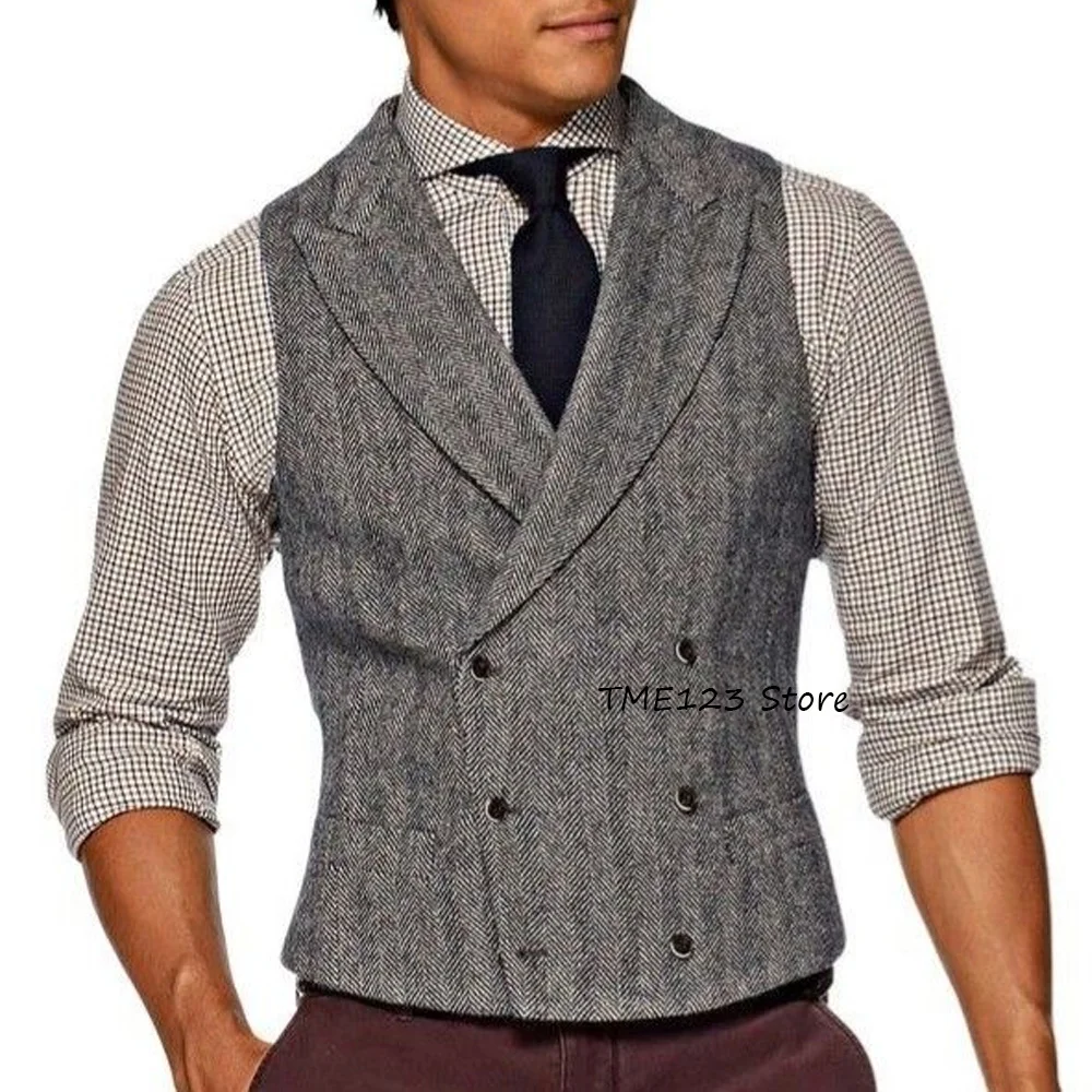 

Мужской жилет без рукавов для костюма, винтажный, из ткани «ёлочка», с острыми лацканами, двубортный, в повседневном стиле, с одним карманом