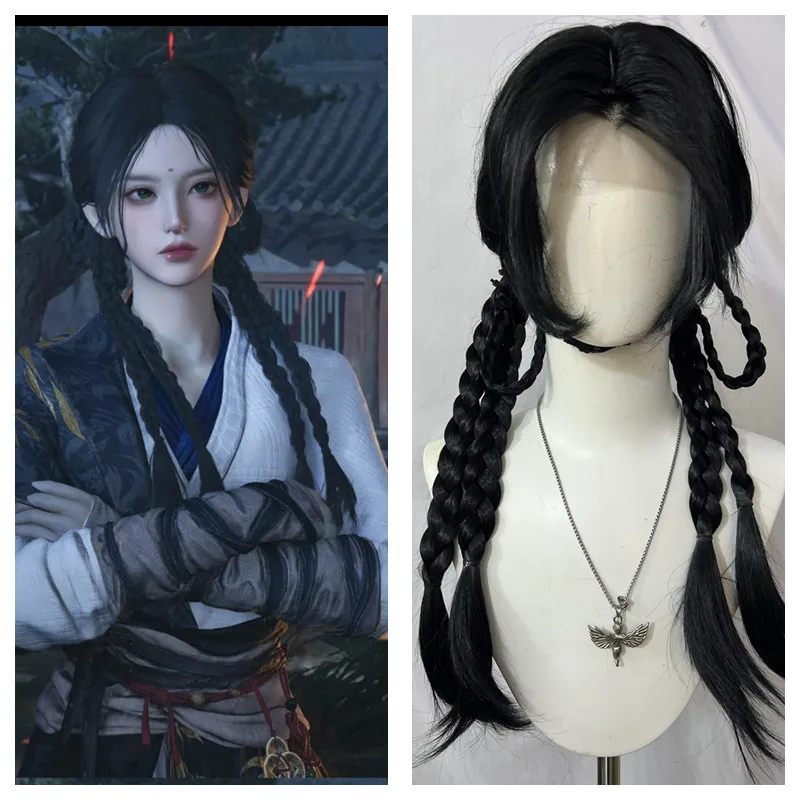 

Парик для косплея Young Master Cos Wig Black Where Winds Meet, черный, длинный, термостойкий, из синтетических волос + шапочка для парика