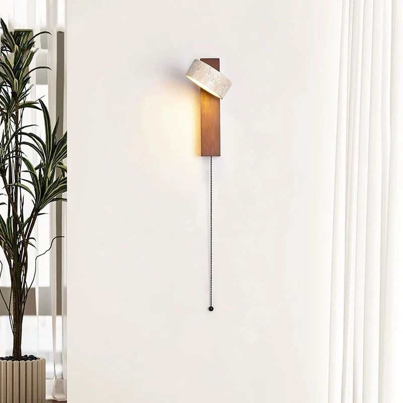 Imagem -05 - Creme Estilo Quarto Bedside Wall Lamp Pull Switch Wire Rotatable Led Light Pedra Homestay Log Madeira Noz Soft Down Lights