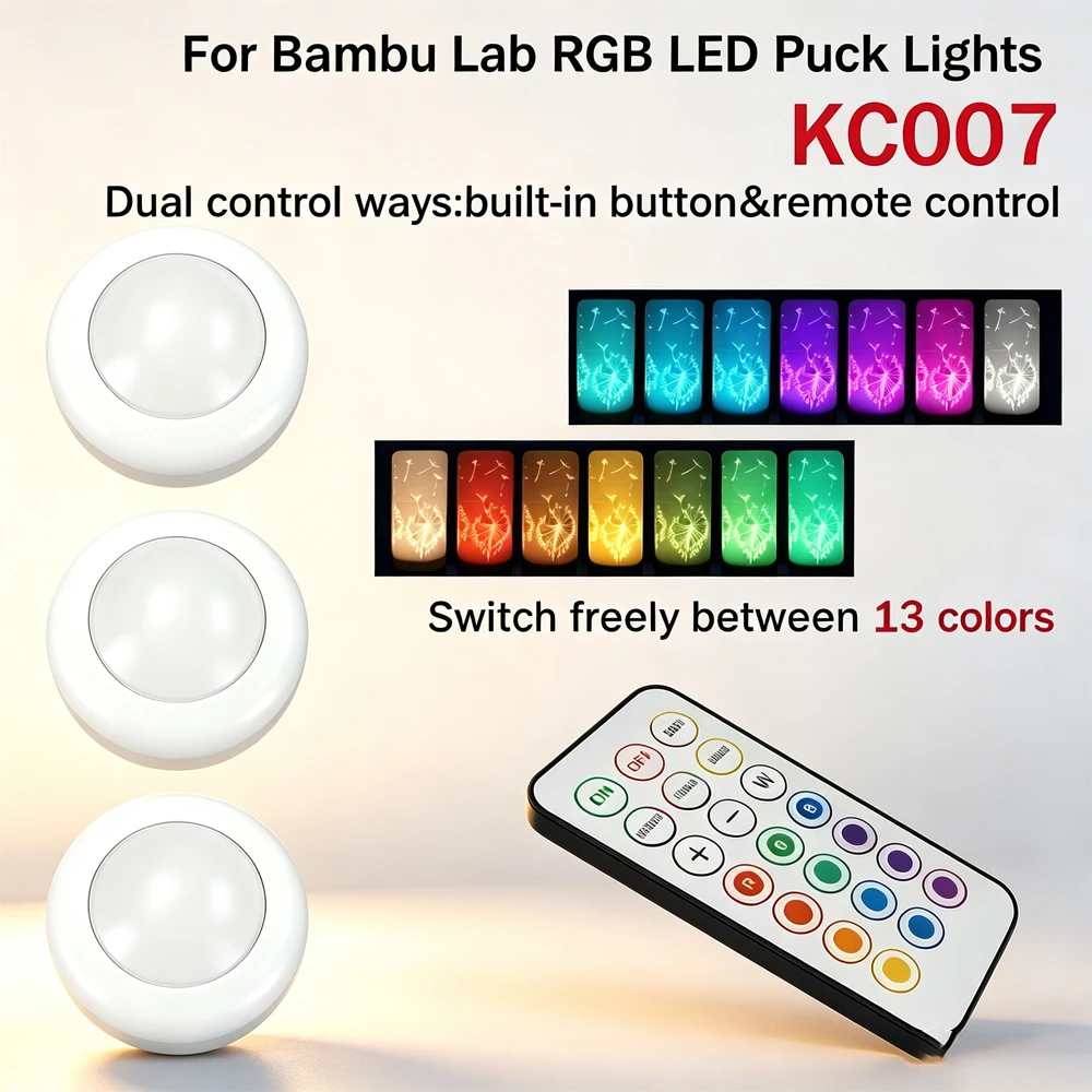 KC007 Puck Lights For Bambu Lab RGBW 13 Color Remote Control Dual Control System Light For MakerWorld Model 3D Lamp Kit