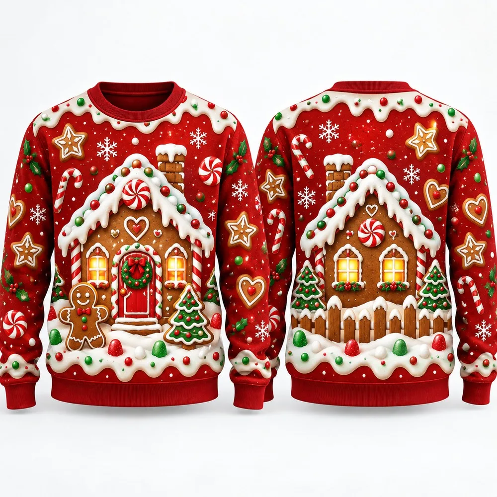 New Gingerbread Bakery Ugly Christmas Sweater for Men Women Festive Holiday Party Crewneck Pullover Long Funny Gift Sweaters