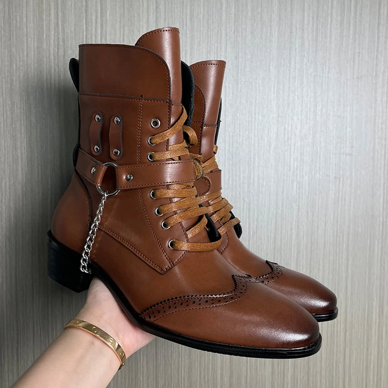 

Men New Punk Style Chains Decor Ankle Boots Pointed Toe Buckle Straps Chunky Heels Lace Up Motorcycle Boots