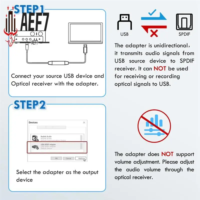 

AEF7-USB To Optical Audio Adapter, USB A To SPDIF Sound Card Optical Output For Windows For Mac For PS5 Laptop Computer