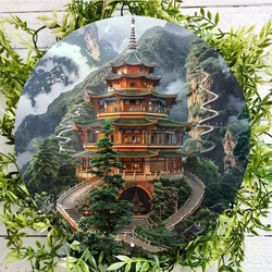 Chinese Temples Round Aluminum Wall Sign, UV and Scratch Resistant, Easy-Hang, Outdoor and Indoor Decor, 8x8