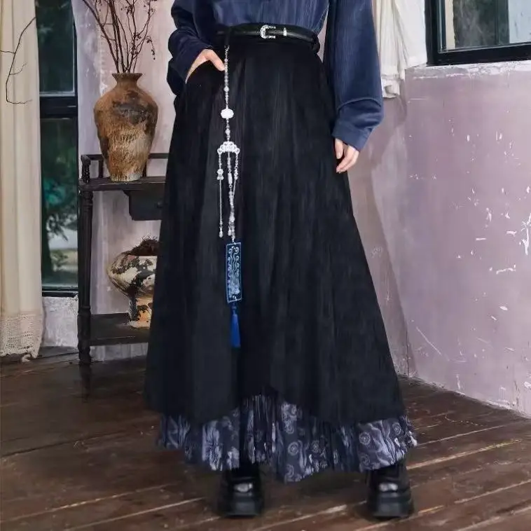 Dark Black New Chinese Style Skirt Men Women Upgraded Double-layer Patchwork Skirt Niche Bisex Prinitng Y2K Fashion Half Skirt