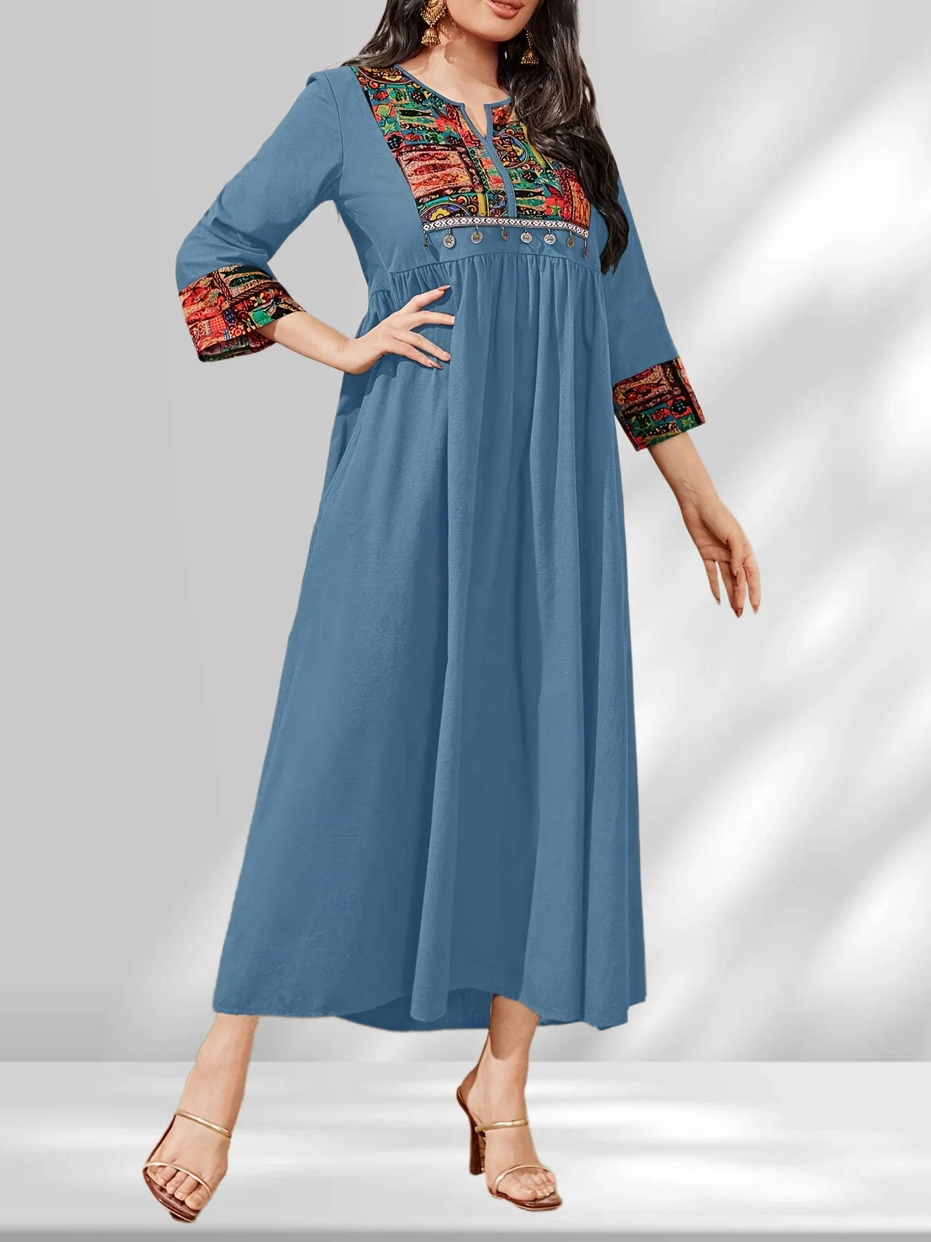 Modisches Damen-Maxikleid mit V-Ausschnitt, bedruckt, langes Maxikleid, Damen-Kleid mit V-Ausschnitt, bequem, langärmelig, knöchellang