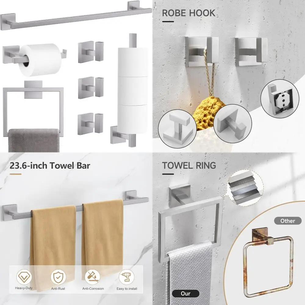 

Stainless Steel 7-Piece Brushed Nickel Bathroom Accessory Set with Towel Bar, Toilet Paper Holder, and Spare Roll Holder