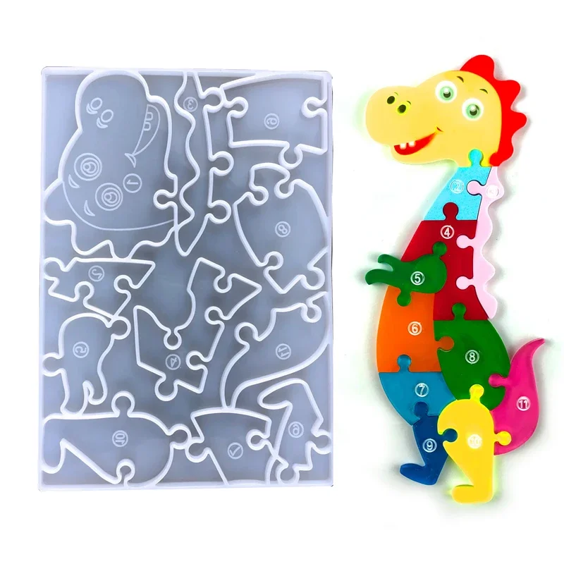 Dinosaur Puzzle Epoxy Mold Diy Giraffe Crocodile Puzzle Game Jigsaw Cartoon Animal Silicone Resin Mould for Kids