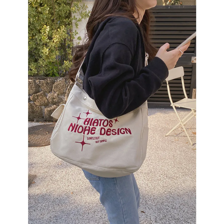 Canvas Designer Women Crossbody Bags with Long Strap Casual Large Capacity Big Tote Handbag Letter Girl College School Bag New