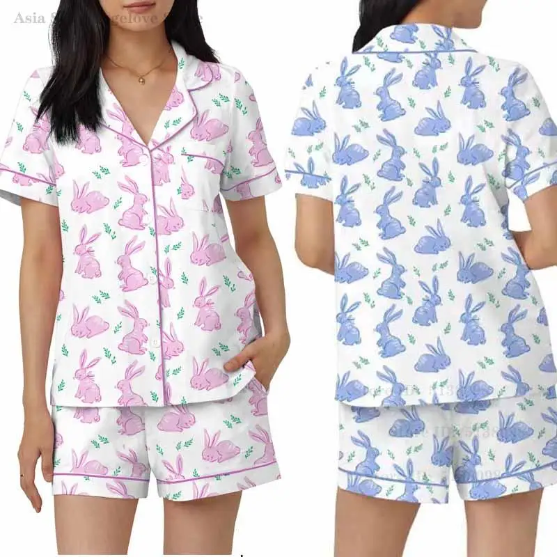 

Women Print Rabbit Sleepwear 2 Pcs Short Sleeves Shirt&shorts Thin Loungewear Nightwear Summer Casual Home Clothes Pajamas ﻿