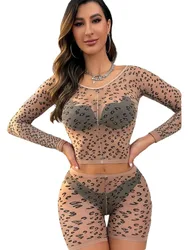 Leopard Print Series Women's Skin Color Printed Leopard Print Two-piece Mesh Clothes Transparent French Fashion Bodysuits RM38
