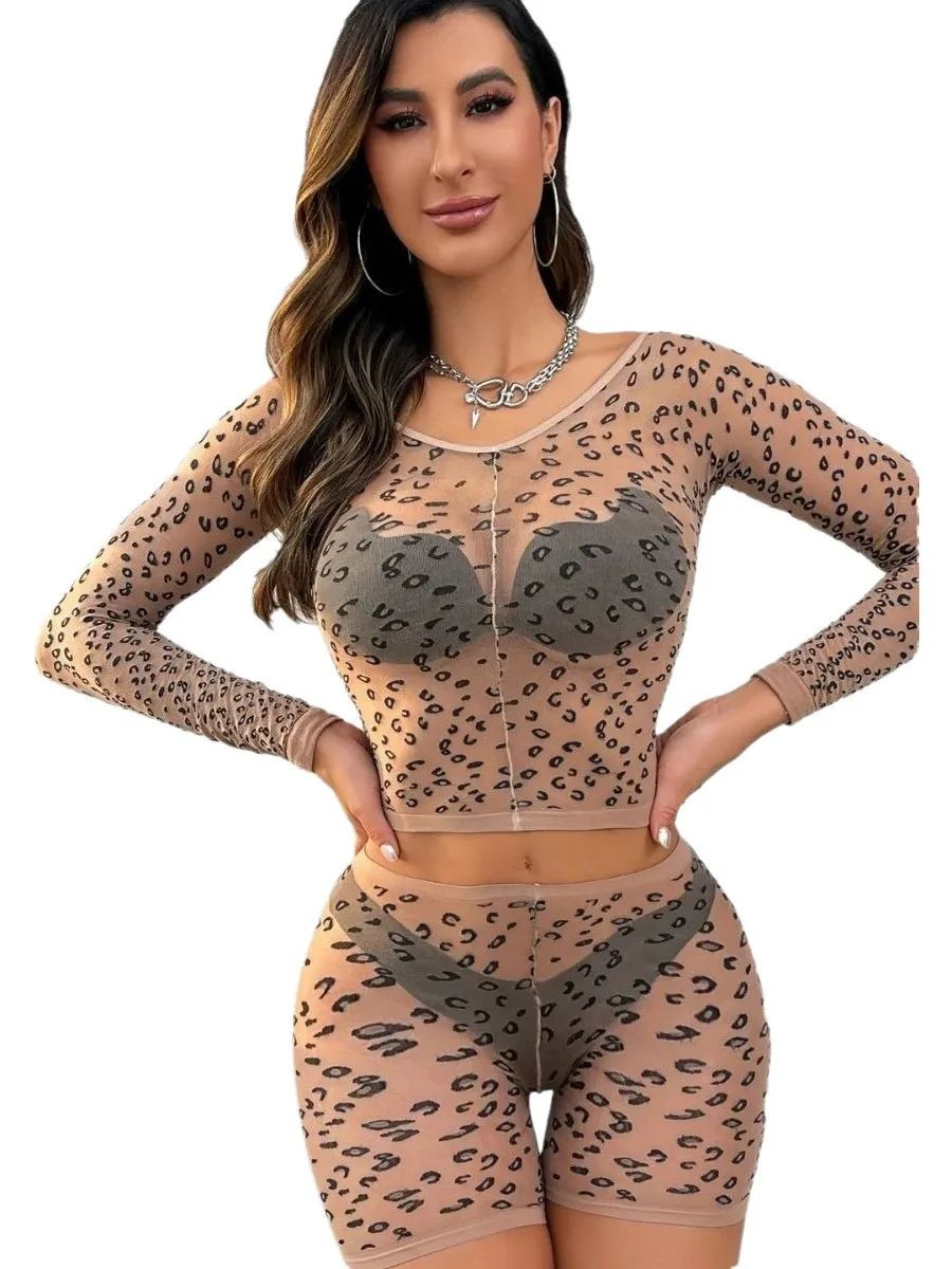 Leopard Print Series Women's Skin Color Printed Leopard Print Two-piece Mesh Clothes Transparent French Fashion Bodysuits RM38