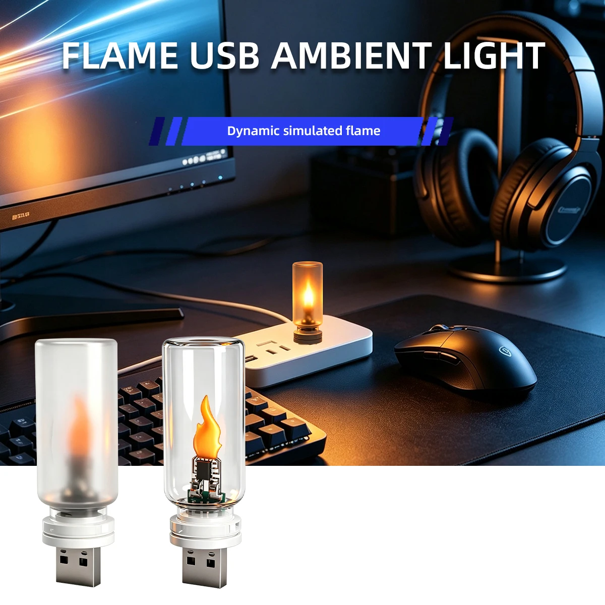 USB Flame Flickering LED Frosted Clear Glass Candle Night Light Simulated Flame for Car Home Room Laptop PC Festival Decoration