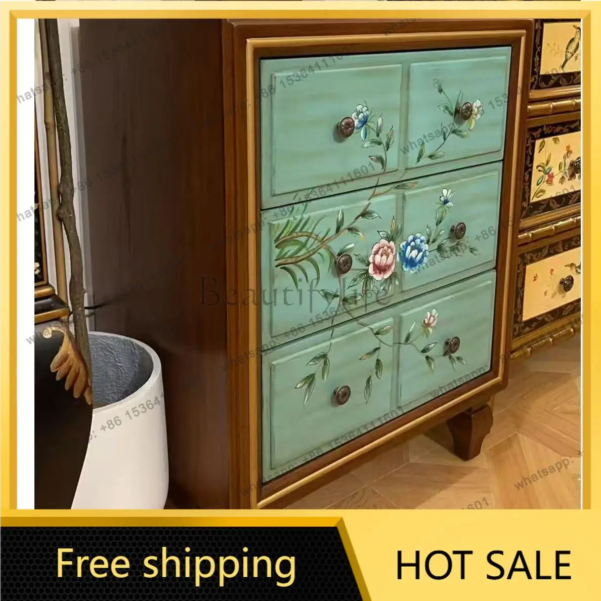 LD American Country Designer Flower Three-bucket Cabinet Drawer Living Room Storage Cabinet
