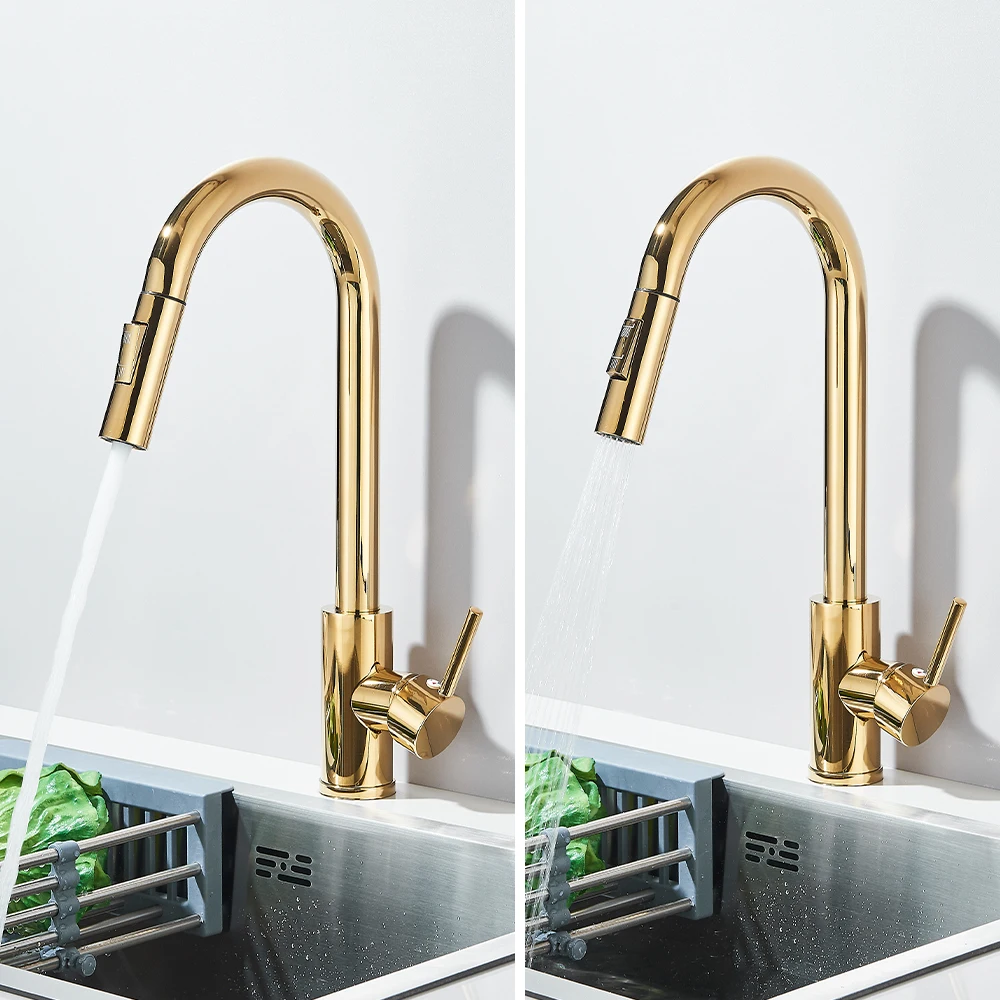 Polished Gold Kitchen Sink Faucet Pull Out Spout  Cold Hot Water Mixer Taps Deck Mounted