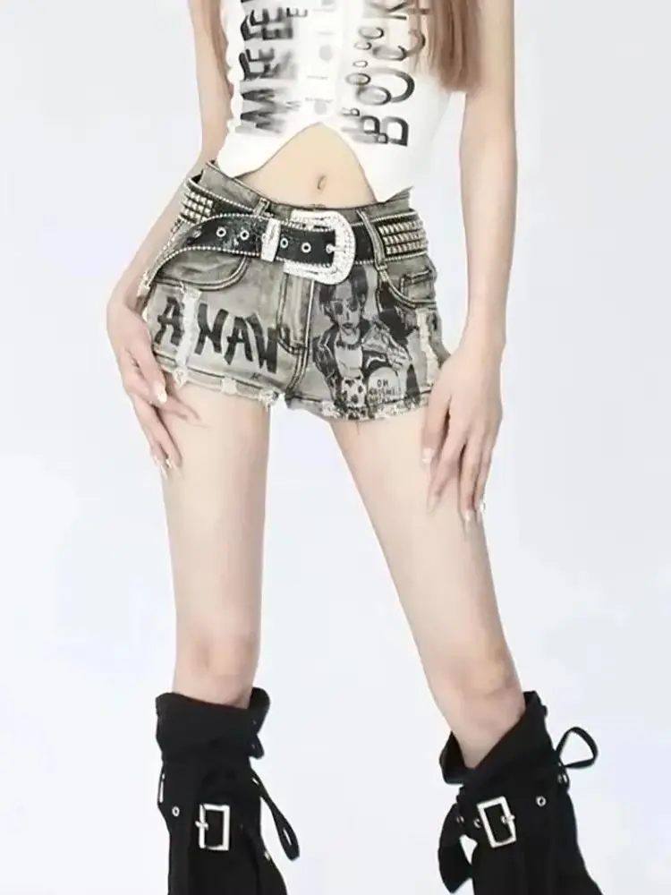 Vintage Low-Waist Hot Girl Street Casual Damen Hüftwickel Sexy Mini-Shorts Sommer Damen Cartoon-Muster Bedruckte Denim-Shorts