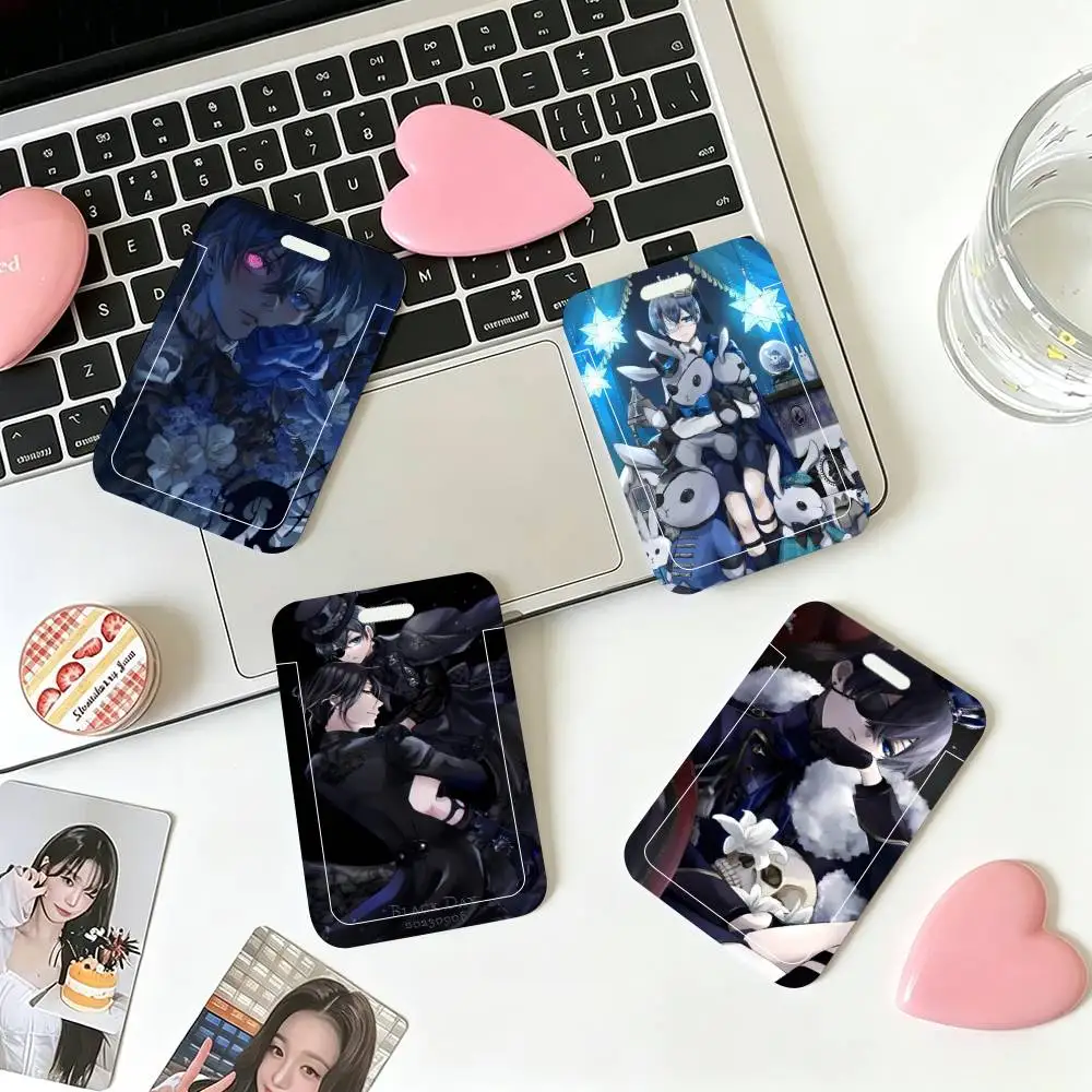 B-Black B-Butler Japanese Anime ID Card Holder Lanyard Covers Women Men Work Permit Holder Students Kids Bus Cards Case