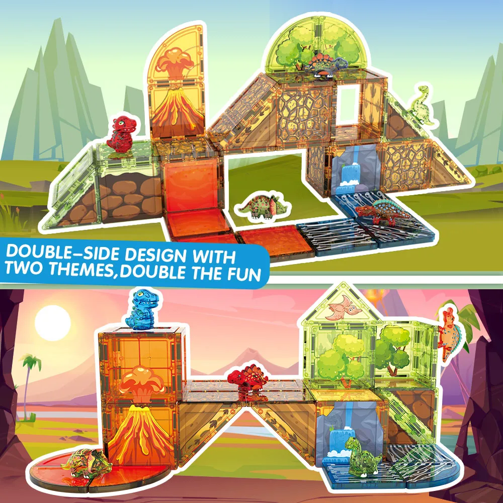 Magnetyczny zestaw klocków konstrukcyjnych z motywem zamku, dinozaurów i lasu dla dzieci, magnetyczne zabawki konstrukcyjne.