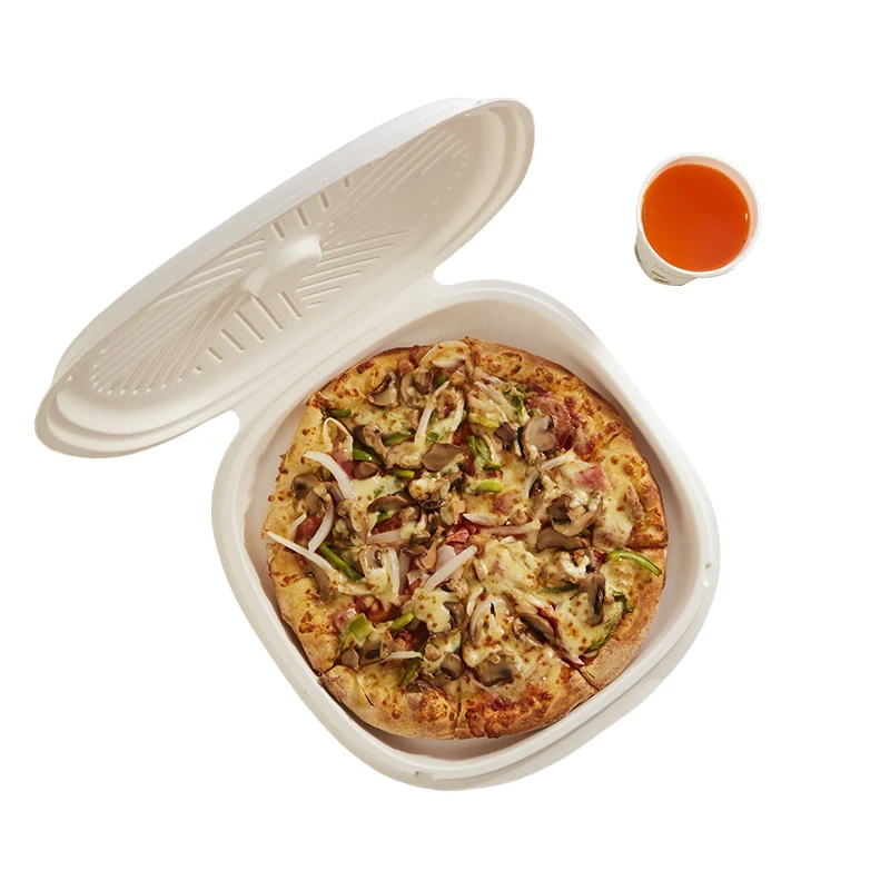 Boîte à pizza ronde bionickel able avec couvercle, produit personnalisé, à emporter, résistant à l'huile, canne à sucre, bagasse, qualité alimentaire, vente en gros